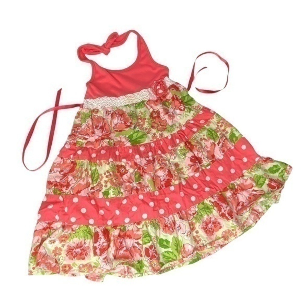 Pinky Girls Halter Dress Size 5 Lace Waist Detail Floral and Polka‎ Dot Print